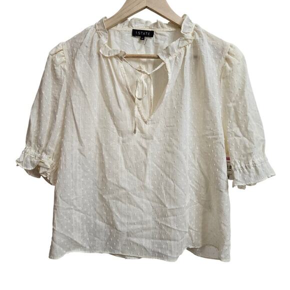 NWOT 1.STATE Women Cottagecore Sheer Blouse Ivory Medium Ruffle Puff Sleeves - Picture 1 of 11